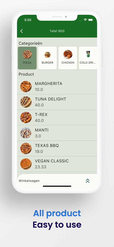 Resto Cerme - Uma interface de aplicativo móvel para Resto Cerme mostrando categorias de comida de restaurante como pizza e hambúrgueres com uma lista de produtos de pizza disponíveis e preços para uma mesa específica.