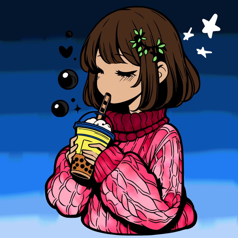 manga girl drinking boba in cozy sweater