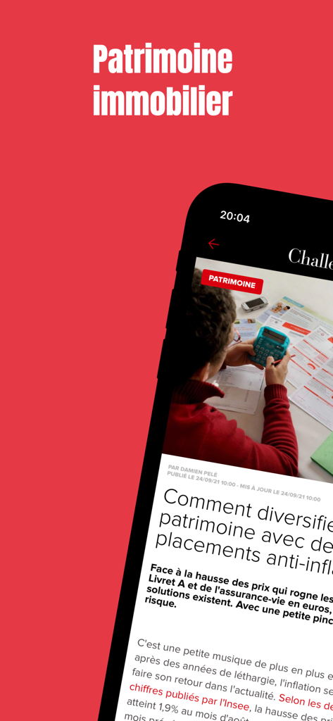 Challenges - Smartphone screen showing the Challenges app with a business article about wealth management and inflation.