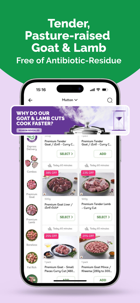 FreshToHome app interface showing tender pasture-raised goat and lamb curry cuts