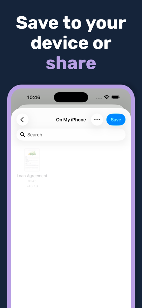 Interface of PDFio app showing a loan agreement document being saved to an iPhone