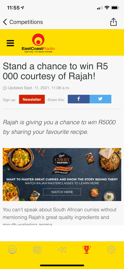 East Coast Radio - Screenshot of the East Coast Radio app competitions section featuring a Rajah Curry giveaway for users