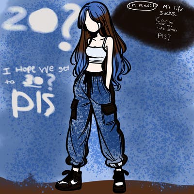 girl in baggy pants crop top and long hair