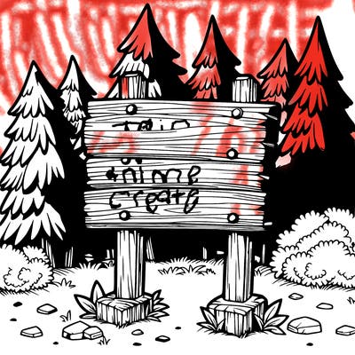 a realistic and detailed wooden sign in a forest