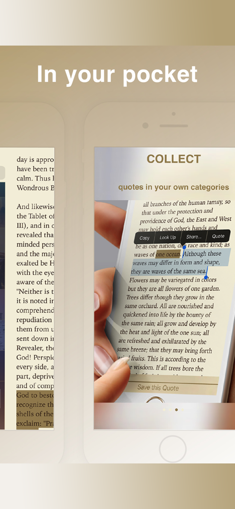 Baha'i Library - One Ocean 4.0 - Baha'i Library app interface showing how to highlight and save quotes from sacred writings on a mobile device.