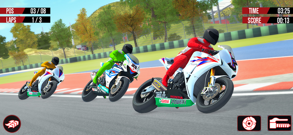 Bike Racing Games: Bike Games - Three motorbikes leaning into a turn during a race on a professional track with game UI