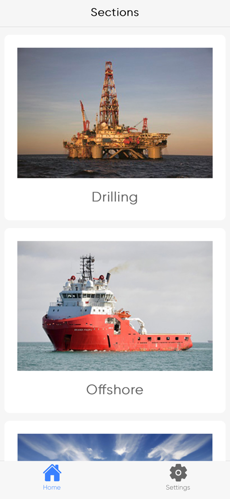 Pantalla de la aplicación móvil que muestra categorías de empleos marítimos para los sectores de perforación y offshore.