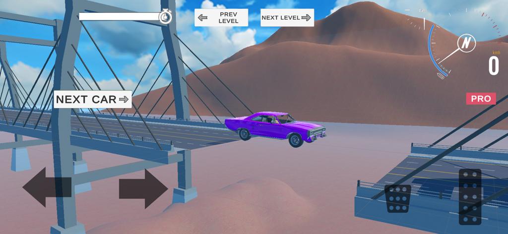Car games: drive car parking - A purple classic car jumping over a gap in a bridge in a physics-based driving simulation game