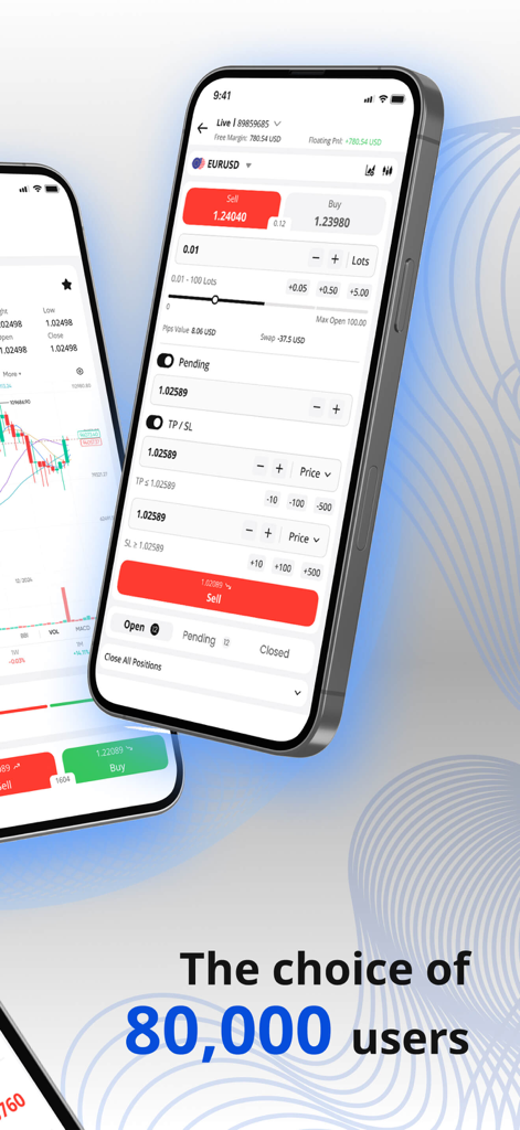 FXTRADING mobile app interface showing EURUSD order execution screen and trade management tools