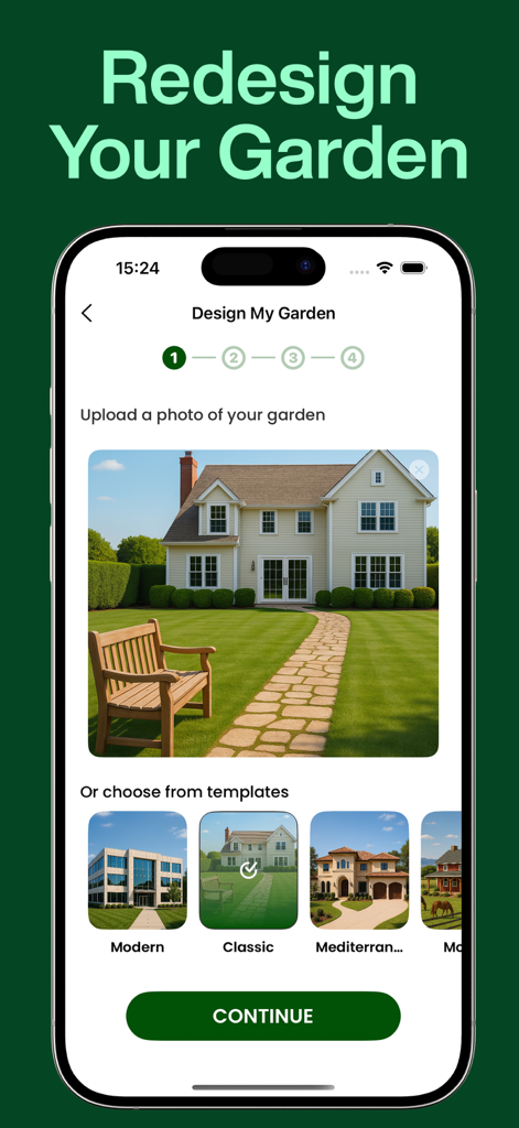 AI Garden Design: Landscape - Interface of AI Garden Design app showing a garden photo upload screen with style templates for Classic and Mediterranean designs