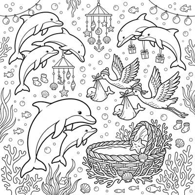 Dive into an adorable underwater celebration with this Dolphin Pods Baby Shower coloring page. Perfect for welcoming new arrivals with playful marine life and charming nursery details.