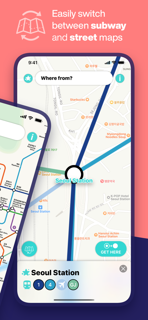 Seoul Metro Subway Map - Seoul Metro app interface showing the transition between subway lines and street map around Seoul Station