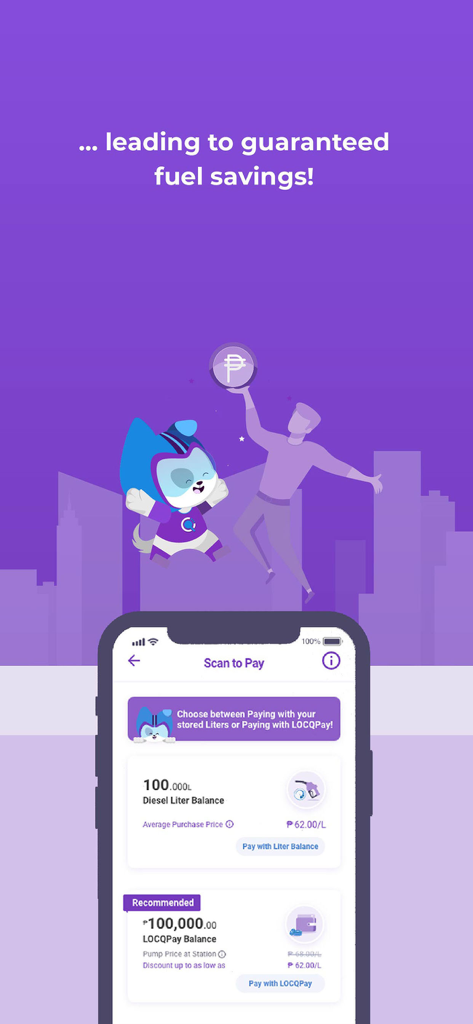 PriceLOCQ - PriceLOCQ app scan to pay screen showing liter and cash balances