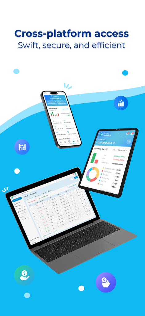 Oberfläche der Money Manager App auf einem Smartphone, Tablet und Laptop, die plattformübergreifende finanzielle Datensynchronisierung zeigt