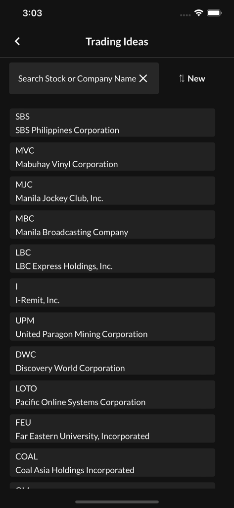PSE EQUIPアプリの取引アイデア画面にフィリピン上場企業リストが表示されています