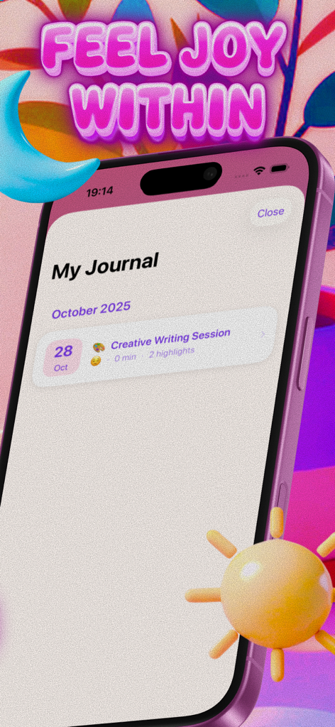 Interfaz de la aplicación móvil Solo Date Bliss que muestra una entrada de diario reflexiva para una sesión de escritura creativa.