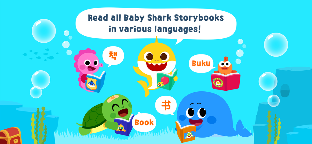 Pinkfong Baby Shark Storybook - Baby Shark and underwater friends reading storybooks in various languages
