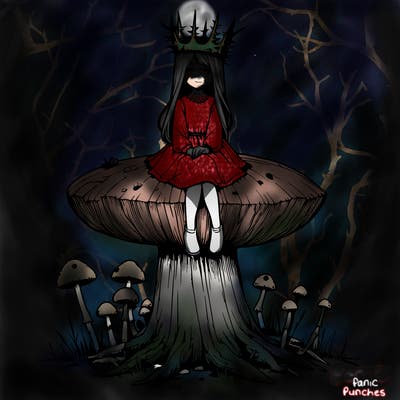 realistic girl sitting on a huge tree stump size toadstool with thorn crown