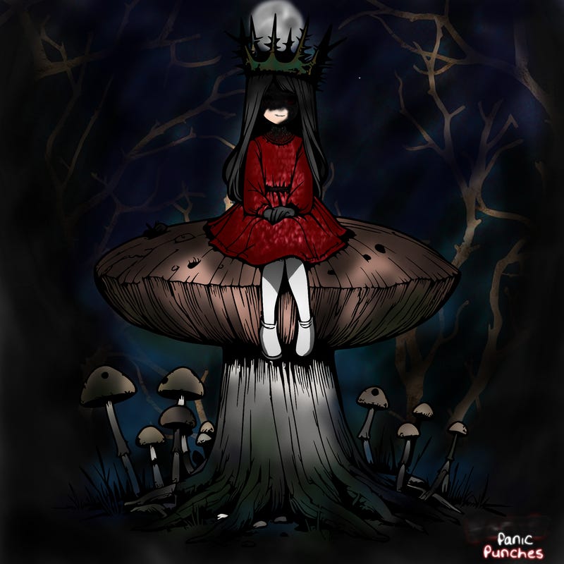 realistic girl sitting on a huge tree stump size toadstool with thorn crown