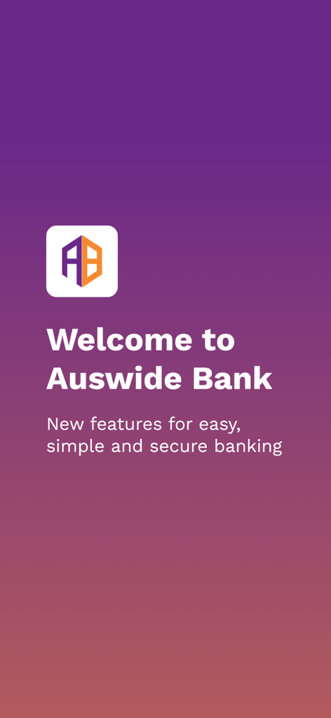 Auswide Bank - Schermata di benvenuto dell'app mobile Auswide Bank con il logo dell'azienda e uno sfondo con gradiente viola.