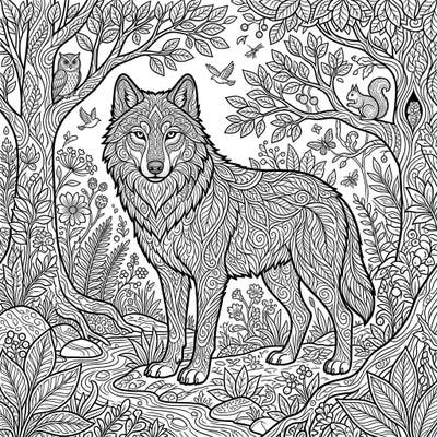 Immerse yourself in the beauty of nature with this stunning wolf coloring page. Featuring a majestic wolf surrounded by a vibrant forest, this intricate design offers hours of creative relaxation.