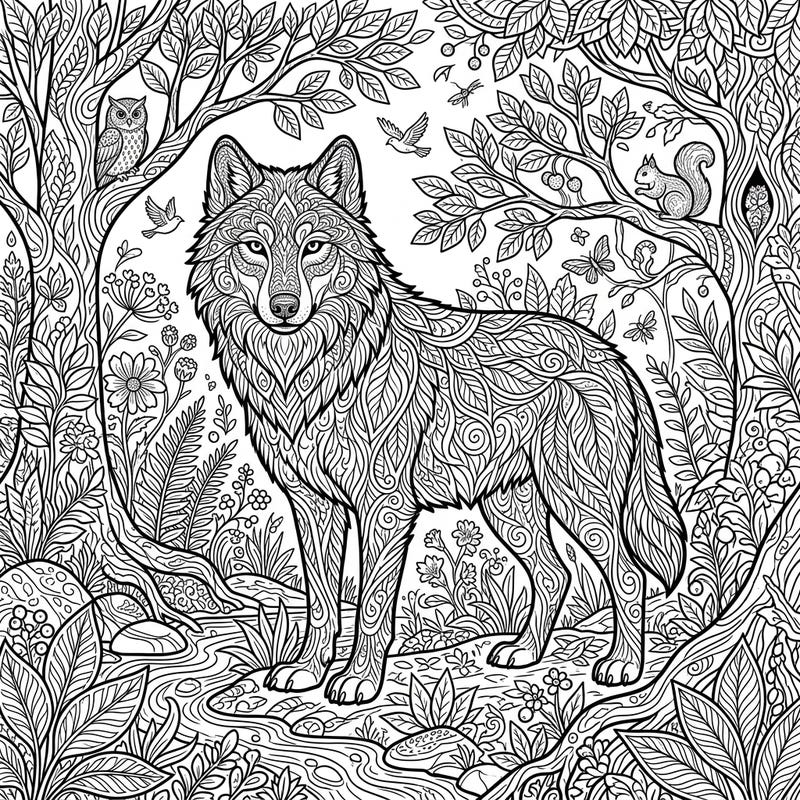 Immerse yourself in the beauty of nature with this stunning wolf coloring page. Featuring a majestic wolf surrounded by a vibrant forest, this intricate design offers hours of creative relaxation.