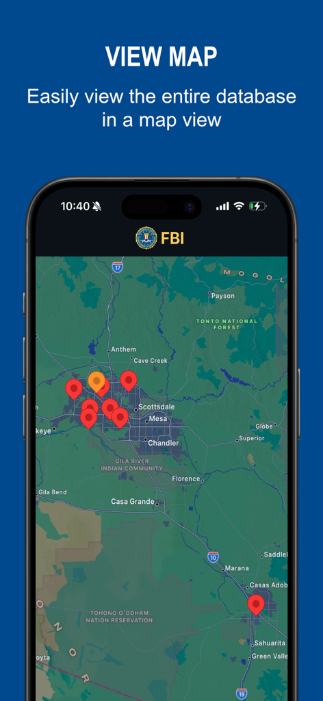 FBI Bank Robbers - Map view of the FBI Bank Robbers app displaying locations of bank robberies with red pins