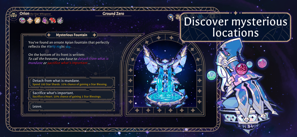 Astrea: Six-Sided Oracles - Astrea Six-Sided Oraclesの神秘的な噴水イベントとプレイヤーの選択肢を表示するスクリーンショット