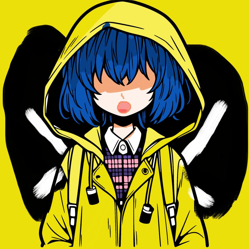 little anime girl in a raincoat her hair is covering her eyes she has a lighter