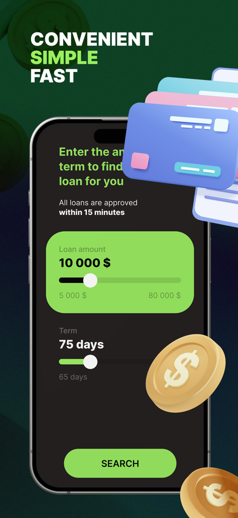 PréstamosClick - Pantalla de la aplicación móvil PréstamosClick que muestra deslizadores para la selección del monto del préstamo y el plazo con un botón de búsqueda.