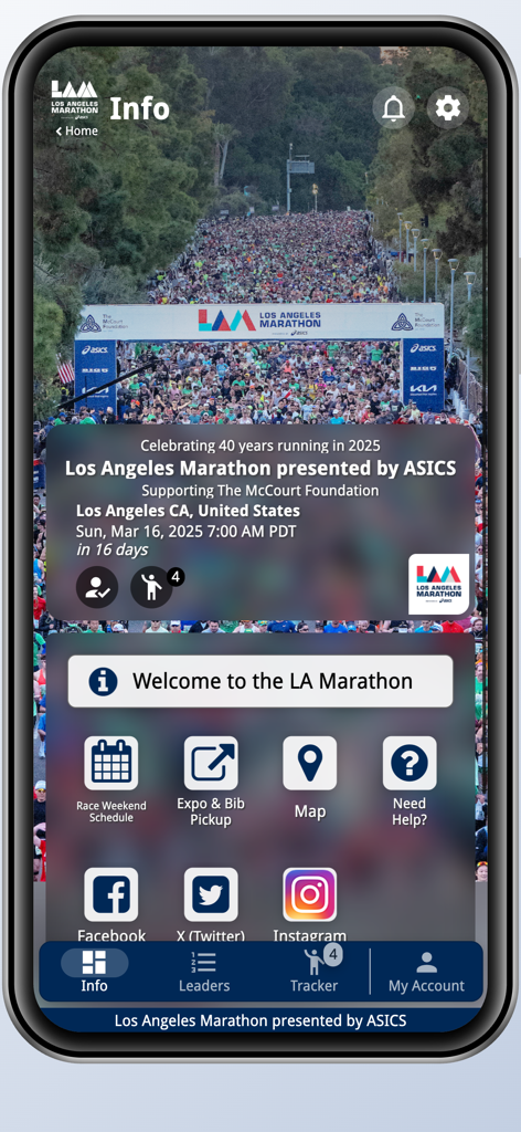 The info screen of the 2025 LA Marathon mobile app featuring race details and navigation menu