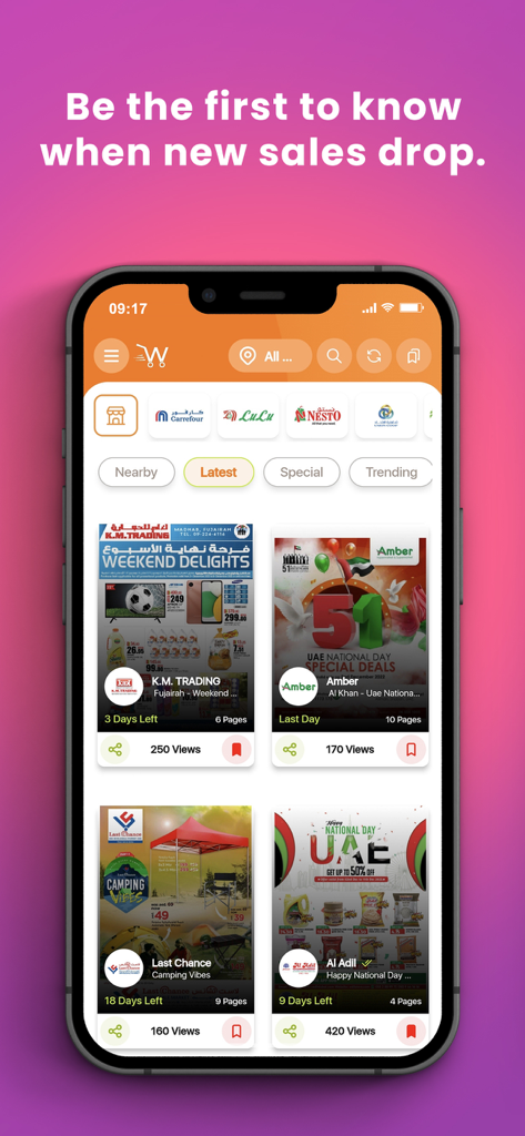 WoWDeals: Shopping Deals - WoWDeals app home screen displaying the latest sales and flyers from major retailers in the UAE and Qatar