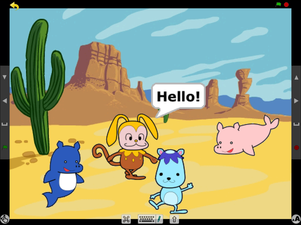 Pyonkee - A desert landscape animation created in Pyonkee with several cartoon characters and a speech bubble saying Hello.