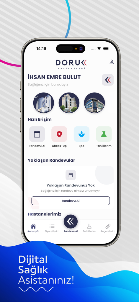 Doruk - Main interface of the Doruk app showing patient portal features and quick access buttons for appointments and tests