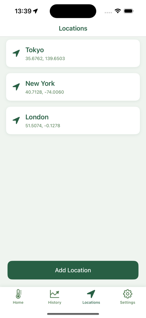 Locations management screen in the ThermoTrack app showing a list of saved cities including Tokyo and New York with geographical coordinates.