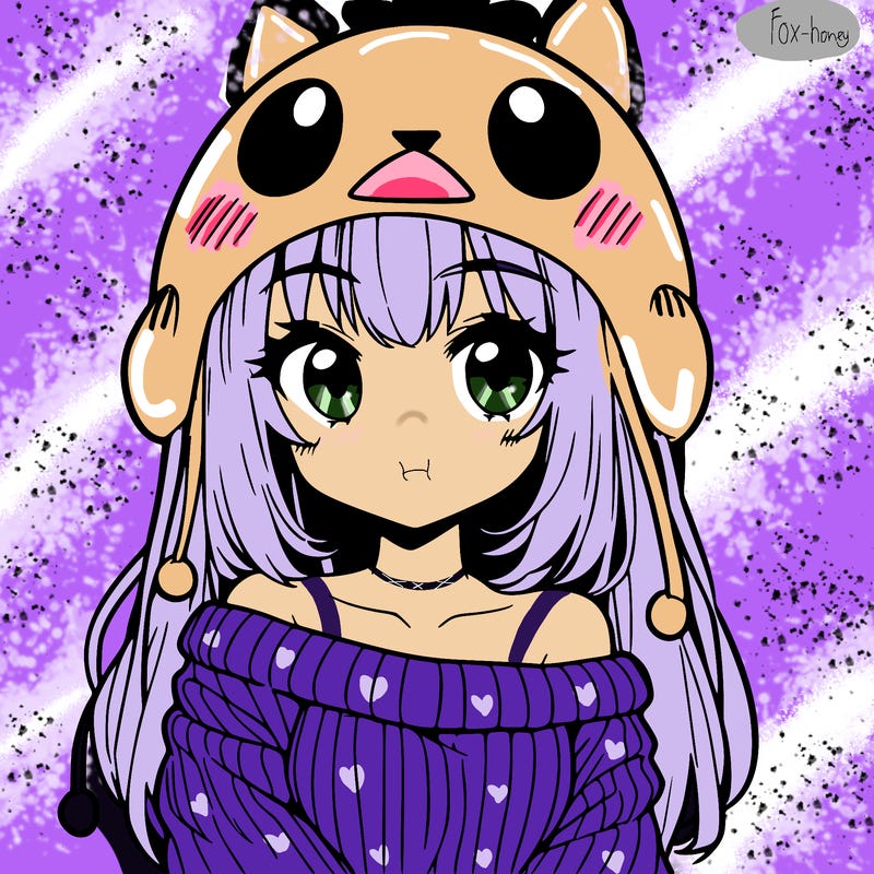 anime girl with chick shaped hat with sweater with bare shoulders with bangs covering them one eye with low tail