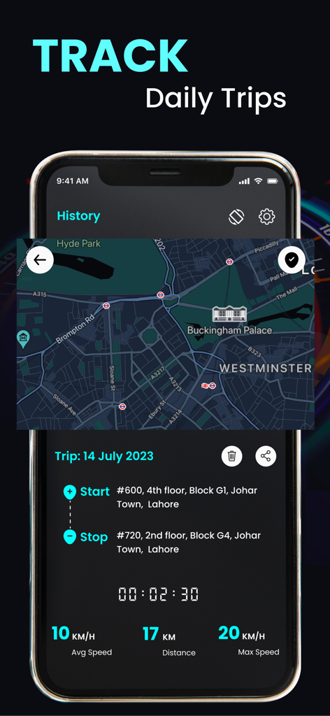 GPS Speedometer Speed Tracker - iPhone screen displaying GPS Speedometer app history with a trip map and speed statistics