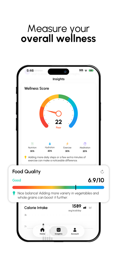 Calofit - AI Food Tracker - Calofit app wellness dashboard showing overall health score and food quality metrics