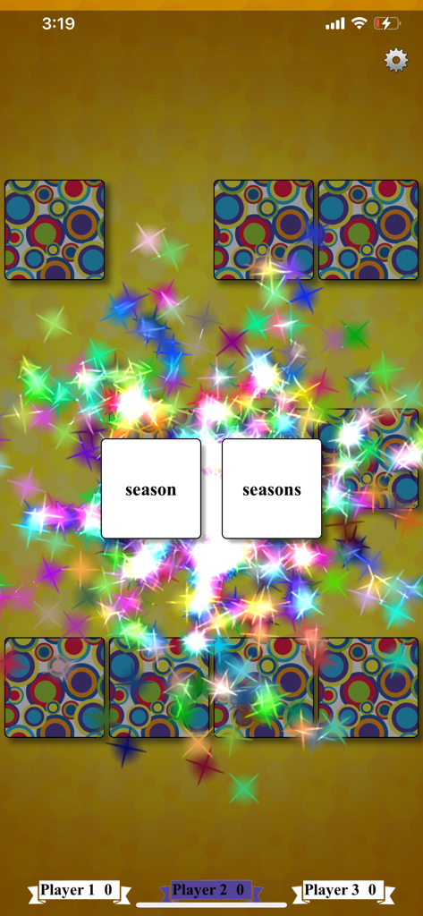Singular and Plural Match - A successful match of the words season and seasons in a singular and plural educational word game with colorful starburst effects.