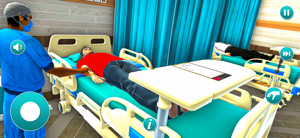 Doctor Game Surgeon Hospital - Un cirujano con bata azul examinando a un paciente en una cama de hospital en un juego de simulación médica