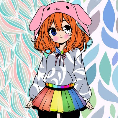 pretty anime girl wearing a fluffy hoodie with bunny ears on the hood and a skirt