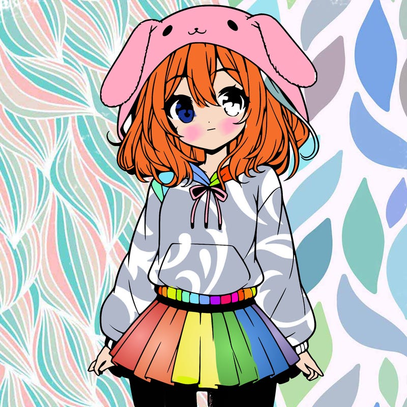 pretty anime girl wearing a fluffy hoodie with bunny ears on the hood and a skirt