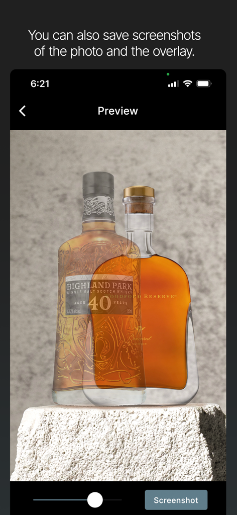 Camera Overlay for Business - App-Vorschau, die zwei übereinander liegende Whiskeyflaschen zur Fotoausrichtung zeigt