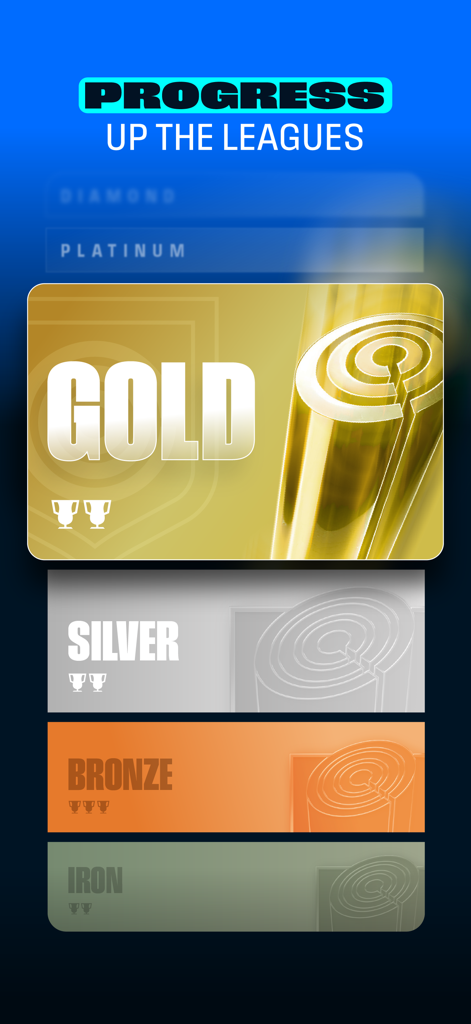 CLUB - Football Manager Game - Pantalla de progresión en CLUB Football Manager mostrando niveles de liga desde Hierro y Bronce hasta Oro