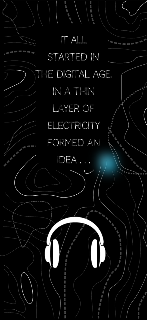 Introductory screen for Sonar Islands audio game featuring a headphone icon and poetic text on a black topographic map background