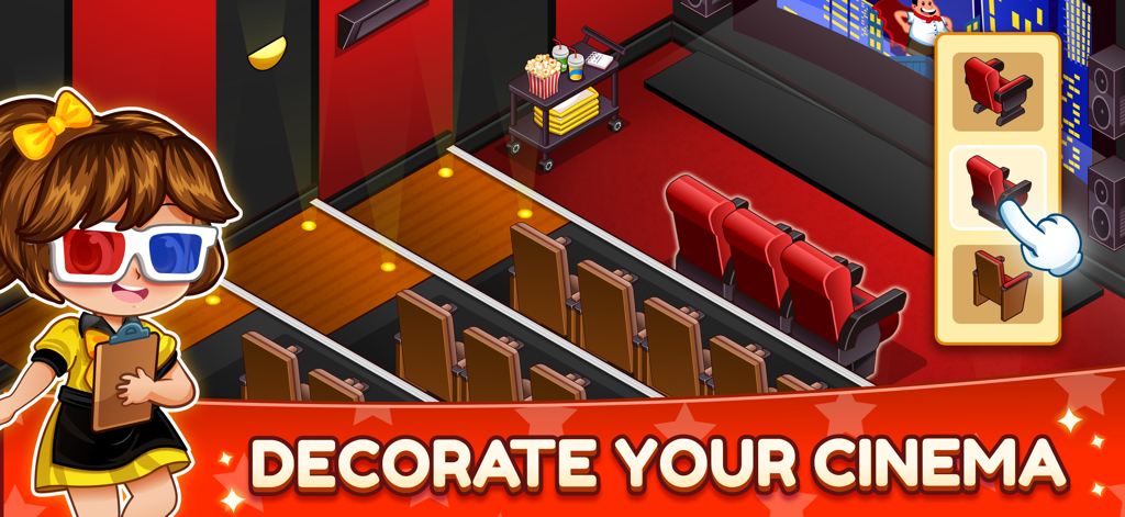 Cinema Panic 3: Cooking Game - Cinema Panic 3のゲームプレイ。映画館の座席の装飾とカスタマイズのオプションを表示