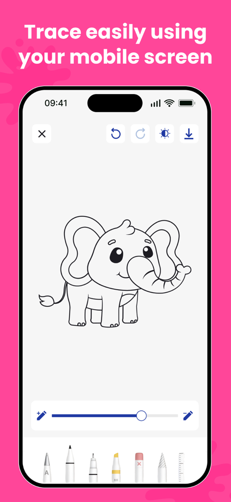 AR Drawing - Sketch Trace Draw - Mobile screen showing a cartoon elephant sketch ready for tracing with various digital drawing tools.