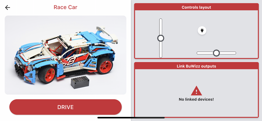 BuWizz - Interface de l'application BuWizz montrant une voiture de course LEGO Technic et des curseurs de télécommande personnalisables