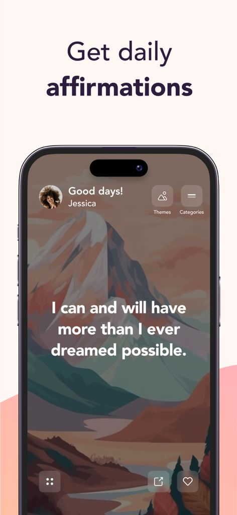 Mantra - Daily Affirmations - Mantra app showing a positive daily affirmation quote on a mountain landscape background