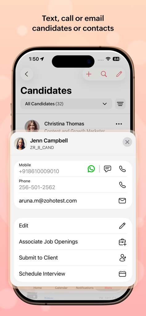 Zoho Recruit - Recruiting CRM - Zoho Recruit mobile interface showing one-tap options to text, call, or email a candidate and manage recruitment workflow actions.